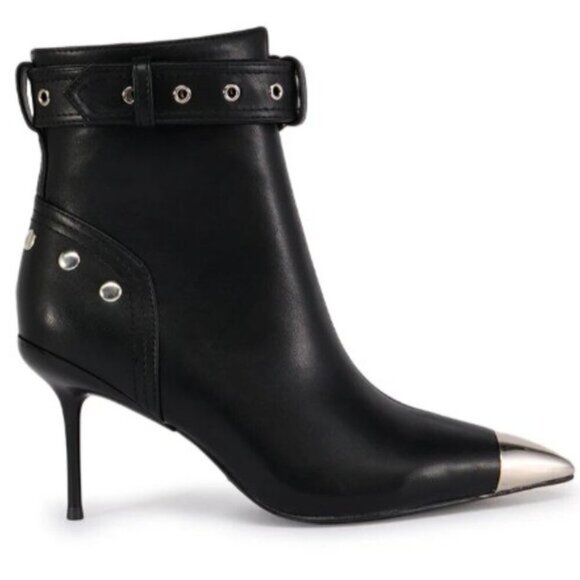 Azalea Wang Amberly Black Booties Size 7 Pointed Metallic Toe Cap Stiletto Heel - Picture 4 of 6